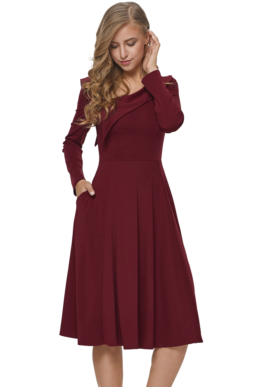 BY610388-3 Burgundy Retro Inspired Asymmetric Collar Flared Dress